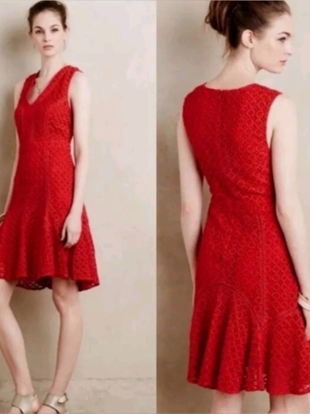 San & Soni Red Sleeveless Lace Fit-and-Flare Dress